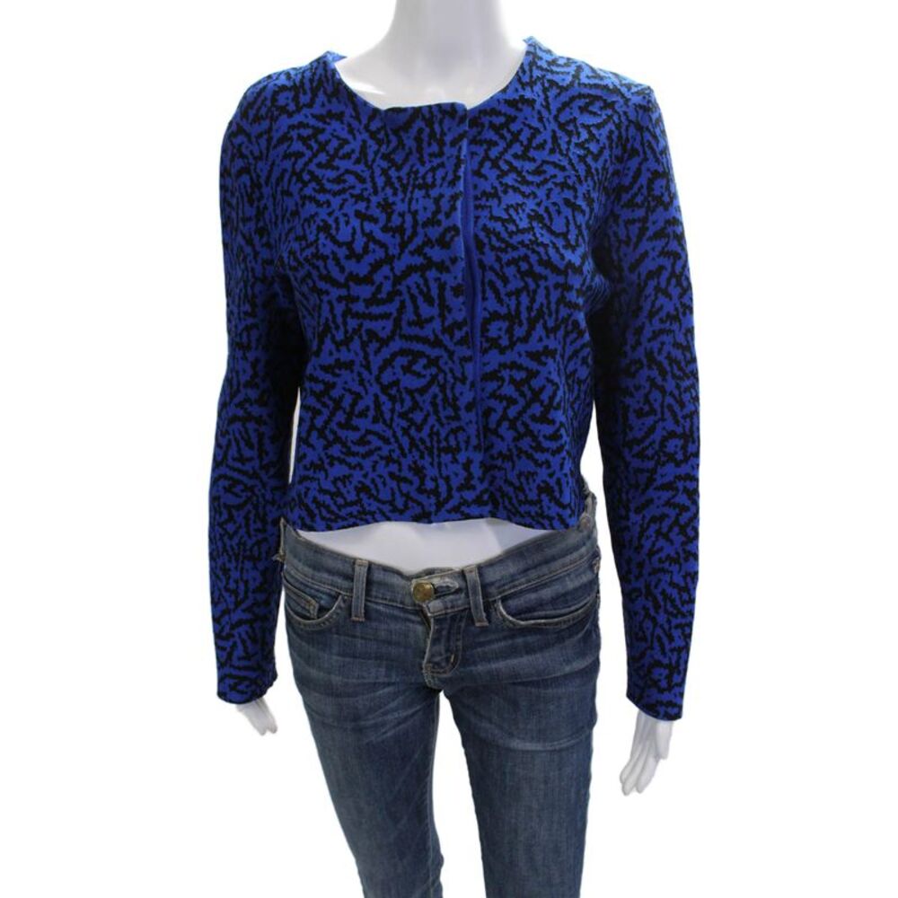 Issa Womens Cropped Black Geometric Long Sleeve Blouse Zip Round Neck Size L